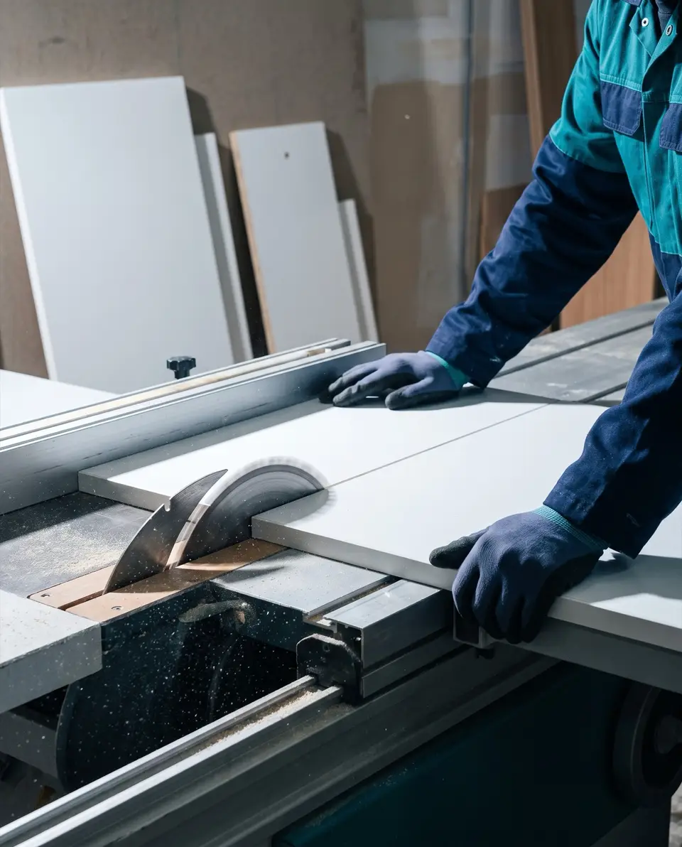 Découpe d'un plateau de bureau sur une scie à panneaux