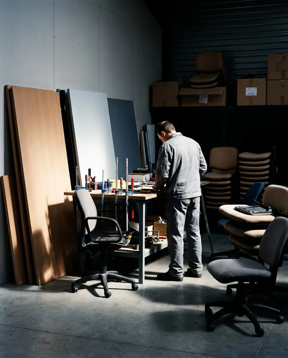 Atelier de reconditionnement, plateaux de bureau et sièges en attente autour d'un établi