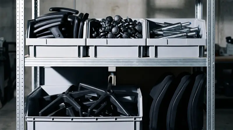 Bacs d'accoudoirs, de roulettes, de vérins, de piètements et de dossiers triés pour le réemploi